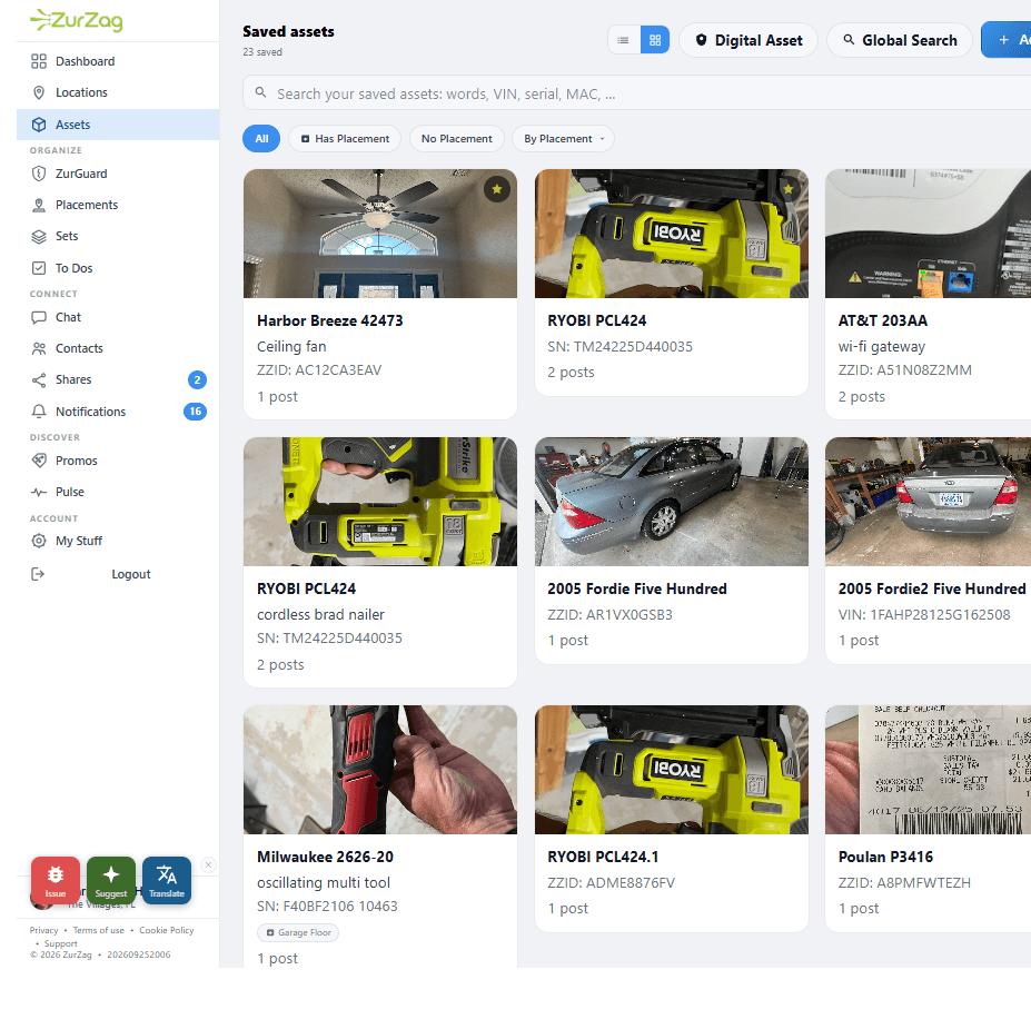 A visual library of saved assets including vehicles, electronics, and collectibles