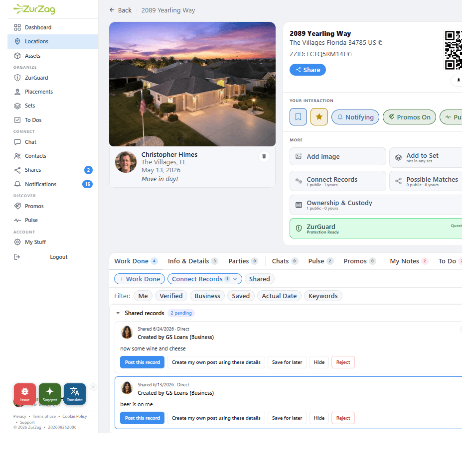 A business-contributed work record with review controls